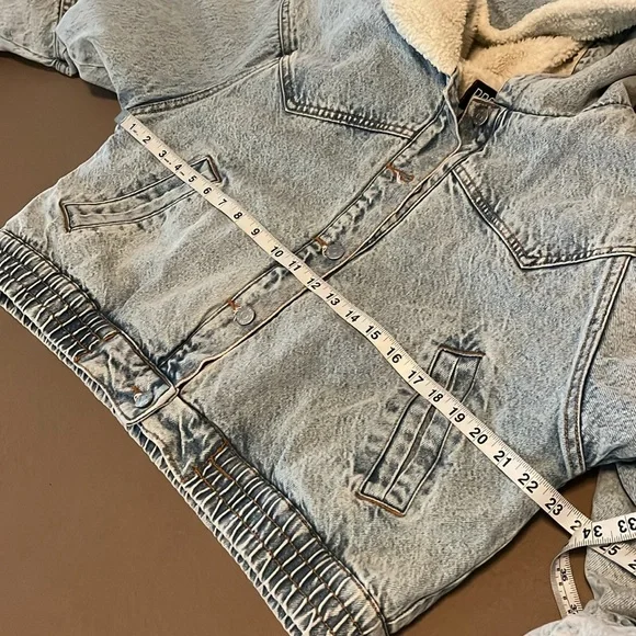 BDG Urban Outfitters Blake Denim Hooded Bomber Jacket Soft Sherpa Lining- Large - Picture 7 of 14